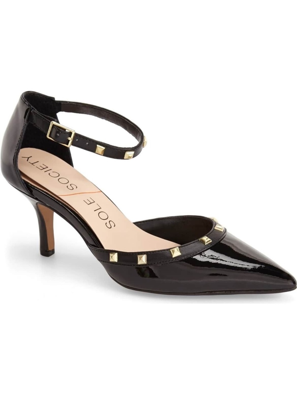 Sole Society Black Patent Pointed-Toe Studded Ankle-Strap Pumps